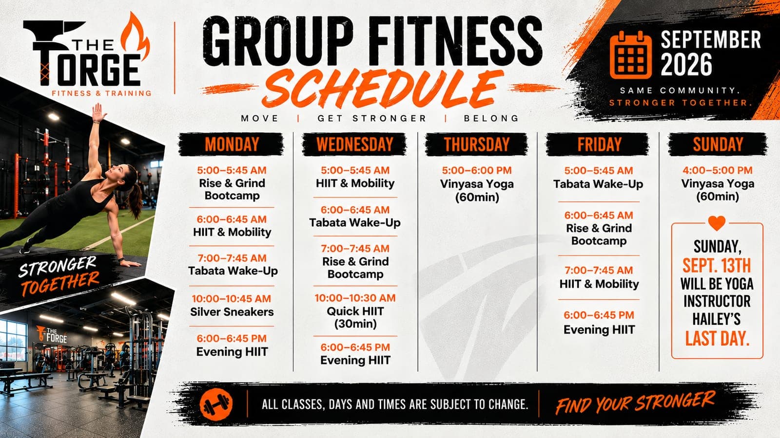 The Forge group fitness schedule flyer for September 2026