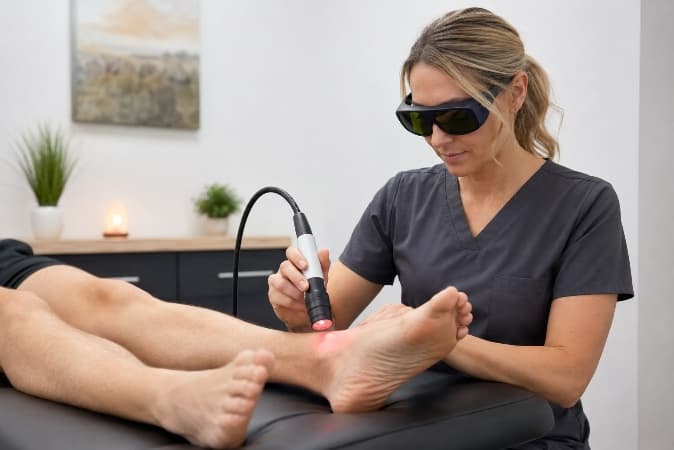 Provider wearing protective eyewear applying cold laser therapy to a patient's lower leg