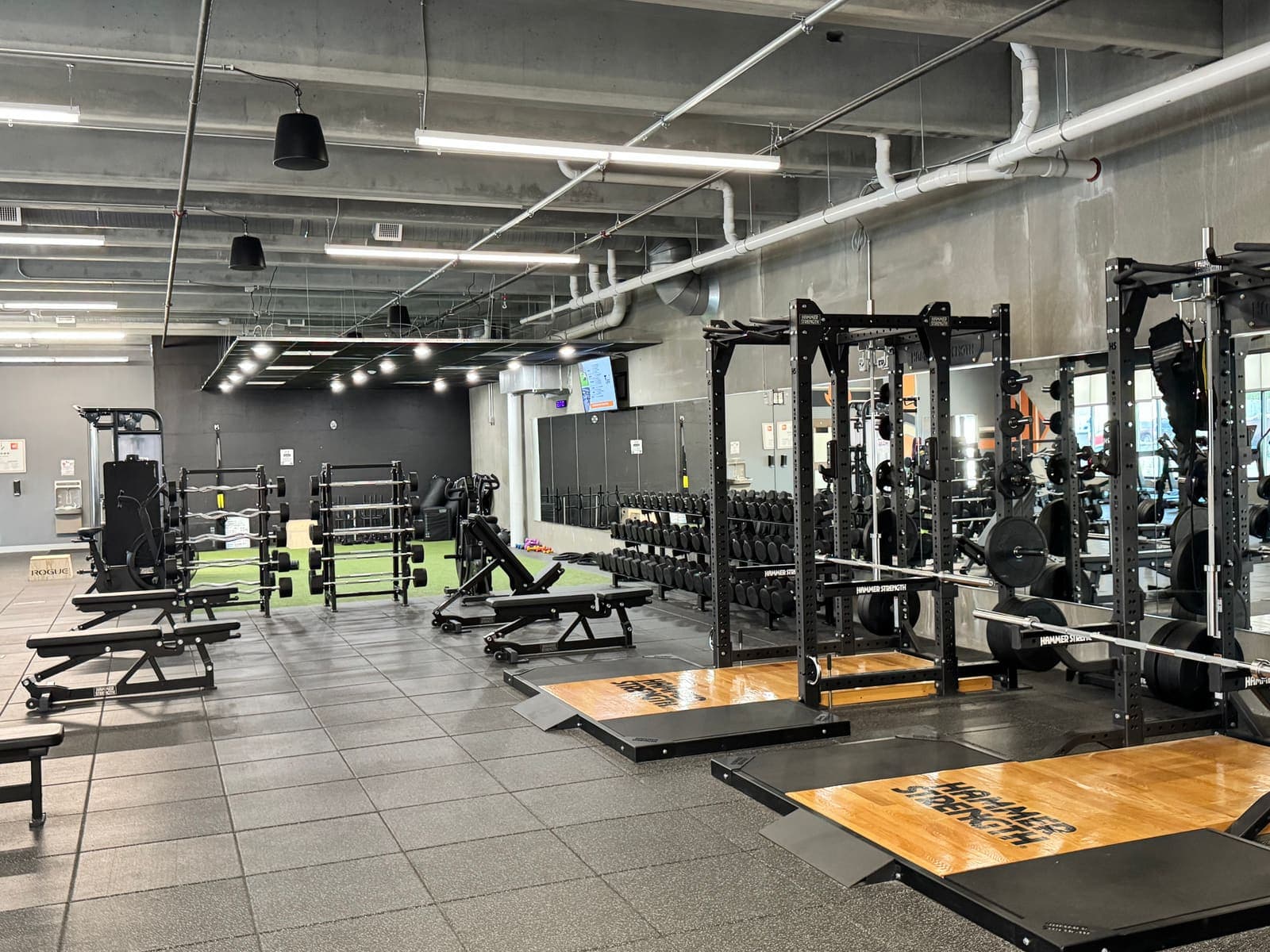 Squat racks and turf training area at The Forge