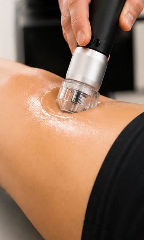 Provider delivering radial pressure wave therapy to a patient's calf with a handheld applicator